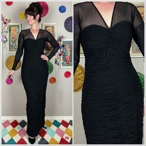 Vicky Tiel Black Long Sleeve Mesh Ruched Mummy Dress